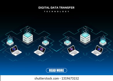 Technology futuristic laptop data security protection transfer. Abstract sci fi isometric elements design for UI business app