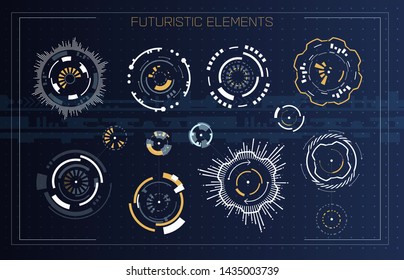 Technology futuristic modern user interface circle shapes. HUD elements. Futuristic Sci Fi Abstract Set. Futuristic blue virtual graphic touch user interface. Set of Circular Design Element.