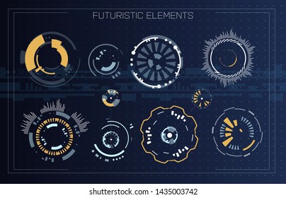 Technology futuristic modern user interface circle shapes. HUD elements. Futuristic Sci Fi Abstract Set. Futuristic blue virtual graphic touch user interface. Set of Circular Design Element.