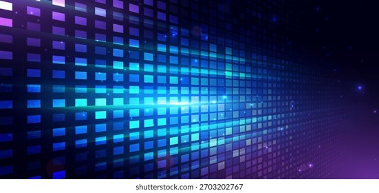 Tecnologia padrão quadrado futurista com azul e roxo linhas diagonal no fundo escuro com efeito de iluminação. Ilustração vetorial