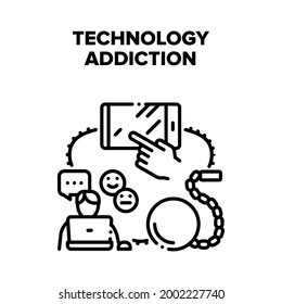 Concepto de icono del vector de adicción a los gadgets de tecnología. Redes De Medios Sociales, Internet Y Tecnología Gadget Adicción. Smartphone Y Equipos Digitales De Computadora Adictos Ilustración En Negro