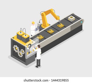 Technology gadget assembly line, manufacturing process. Engineers working on industrial plant, research laboratory 3d vector illustration. Remote controlled, automated robotic arm isometric concept