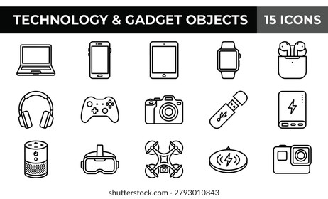 Technology and Gadget Icons Set: Laptop, Smartphone, Smartwatch, Headphones, Drone