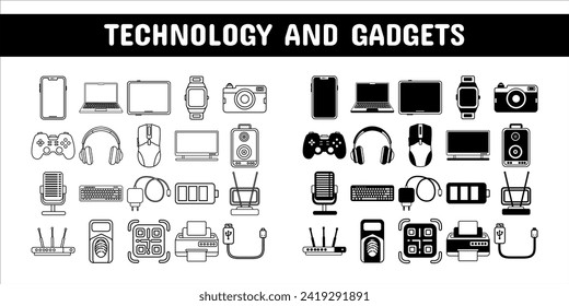 Paquete de etiquetas de iconos glifos de la línea de tecnología y gadget