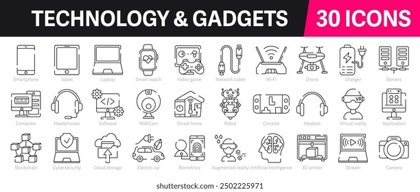 Technology and Gadget Outline Vector Icon Collection. A set of outline icons related to electronic device, ai, robotics, computer, tablet, laptop, server and more. Editable stroke. Vector illustration