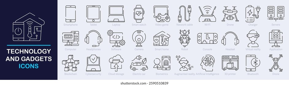 Technology and Gadget Outline Vector Icon Collection. A set of outline icons related to electronic device, ai, robotics, computer, tablet, laptop, server and more. Editable stroke. Vector illustration