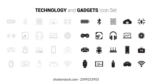 Technology and Gadgets Icon Set. Editable vector minimalist fill and outline icon. Perfect for web and app interfaces, presentations, info graphics, etc. In black color on a white background
