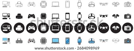 technology and gadgets icons set showcasing computers, drones, virtual reality, and more for innovation projects