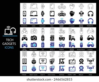 Technology Gadgets Icons Set vector With Smartphone Laptop, Smartwatch, Tablet, Headphones, Wireless Mouse, Webcam, Smart Tv, Graphics Tablet Drone, Sd Card, Usb, Digital Camera.