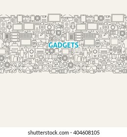 Technology Gadgets Line Art Seamless Web Banner. Vector Illustration for Website banner and landing page. Electronics and Devices Modern Design.