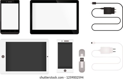 Technology gadgets mockup set. Tablet, smartphone, charger, Flash drive, cables