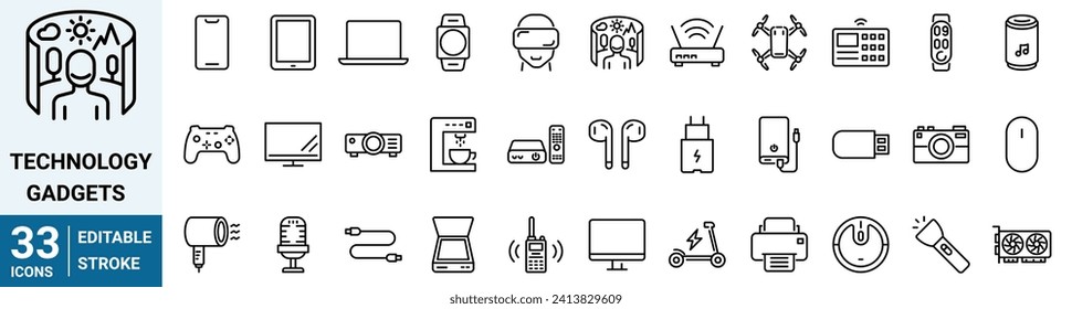 Iconos de línea web de tecnología y gadgets. Iconos de línea de vectores relacionados con dispositivos personales. Tablet, laptop, teléfono, consola, Smart Watch y más. Stroke editable.
