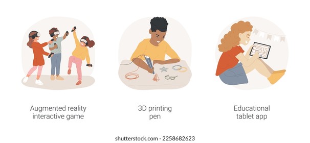 Technology games isolated cartoon vector illustration set. Augmented reality interactive game, VR headset, make object with 3D printing pen, educational tablet app, brain games vector cartoon.