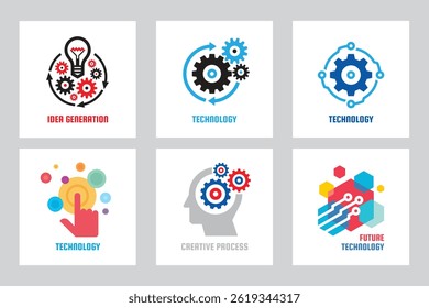 Technology gear concept business icons logo set template design. Cogwheel mechanic signs. Computer network SEO icons. Search engine optimization. Design elements. Vector illustration
