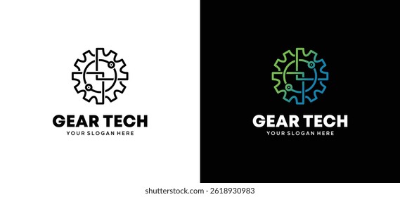Technology gear logo vector illustration design template with creative bold line concept
