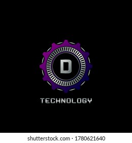 Technologie-Zahnrad-D-Letter-Logo, Vektordesign, Techno-Logo für Industrie, Automobil, Technologie und mehr Markenidentität.