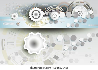 Technology gear wheel engineering on square and hexagon background, Vector illustration tech digital innovation design gray on circuit board and digital technology communication telecom. 