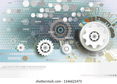 Technology gear wheel engineering on square and hexagon background, Vector illustration tech digital innovation design colorful on circuit board and digital technology communication telecom concept. 