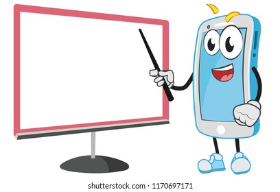 Technology geek funny trainer presenter mentor smartphone character presenting in front of a blank empty template sign board whiteboard stick in hand