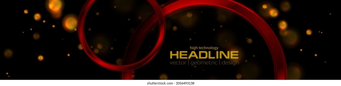 Technology geometric background with bokeh glowing lights and glossy rings. Vector banner design