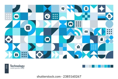 Technology Geometric Retro Pattern. Artificial Intelligent Abstract Shape Background. Vector Art. Network Poster, Big Data Banner, Smart Cover. Triangle, Square, Circle Forms. Computer, AI, Chip icon