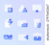 Technology glassmorphism icon set. Calculator, warning, code, power, video, trash, image, camera, briefcase. Blue frosted glass UI icons, vector.