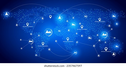 Technology global network on world map connection business concept. GPS point of location identification template vector background.