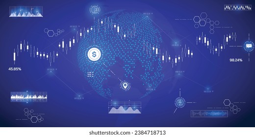 Mercado de valores global de tecnología con grafo, gráfico, comercio en vector futurista del globo digital azul. Elemento de infografía de iconos de negocios en línea.