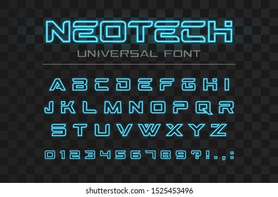 Technology Glowing Font. Fast Sport, Futuristic, Future Tech Alphabet. Neon Letters And Numbers For High Speed, Techno Industrial, Hi-tech Logo Design. Modern Minimalistic Vector Abc Typeface