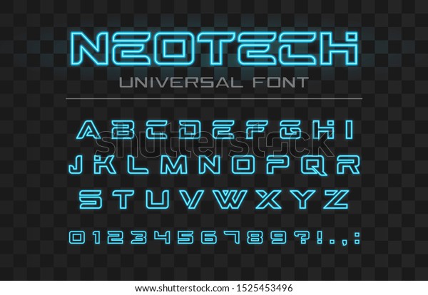 Technology glowing font. Fast sport, futuristic,\
future tech alphabet. Neon letters and numbers for high speed,\
techno industrial, hi-tech logo design. Modern minimalistic vector\
abc typeface