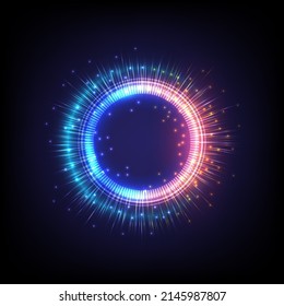 Technology glowing HUD circle. Light , ray and sparking ring. Colorful tunnel. Bright border. Magic portal. Luminous electron and glint swirling. Fireworks model