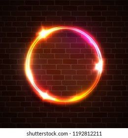Technology glowing round light background. Neon circle on dark brick wall. Graphic concept for casino night club cafe night bar design. Pink red yellow luxury ring. Bright vector illustration.