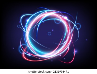 Technology glowing swirl light effect. Magic abstract frame ring. Power energy of circular element. Luminous sci-fi. Shining blue and red neon lights cosmic. Futuristic swirl universe trail effect