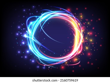 Technology glowing swirl light effect. Futuristic swirl universe trail effect. Magic abstract frame ring. Power energy of circular element. Luminous sci-fi. Shining blue and red neon lights cosmic