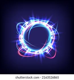 Technology glowing swirl light effect. Futuristic flame swirl universe trail effect. Magic frame ring. Power energy of circular element. Luminous sci-fi. Shining blue and red neon lights cosmic