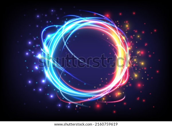 Technology glowing swirl light effect. Futuristic
swirl universe trail effect. Magic abstract frame ring. Power
energy of circular element. Luminous sci-fi. Shining blue and red
neon lights cosmic