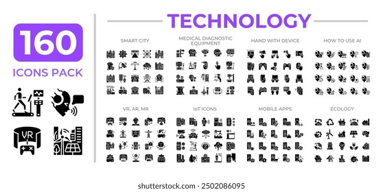 Technology glyphs icon set collection. Smart city IoT. Clean energy. VR, AR, AI. Hand device mobile apps mega pack of black solid symbols, pixel perfect. Isolated vector illustrations. Editable stroke