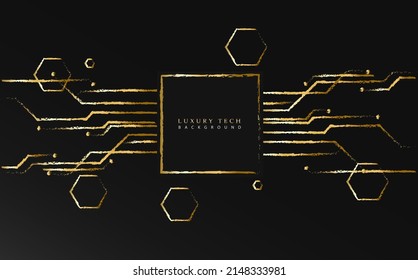 Oro tecnológico. Líneas de Sci-fi, trazo de brocha, circuito dinámico. Marco y formas geométricas doradas. Lujo negro, arte, fondo.	