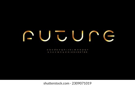 Technology golden font, digital cyber alphabet made future design, gold Latin lowercase letters A, B, C, D, E, F, G, H, I, J, K, L, M, N, O, P, Q, R, S, T, U, V, W, X, Y, Z and Arab numerals 0, 1, 2, 