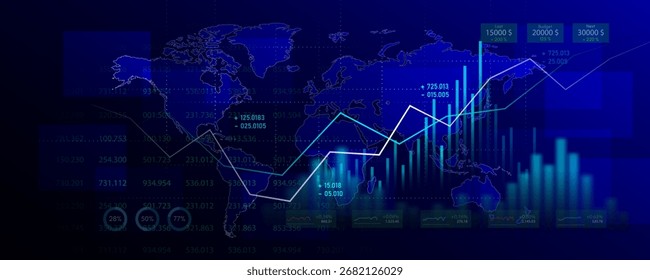 Gráfico de tecnologia, análise de dados financeiros e porcentagem de lucro da negociação de ações.