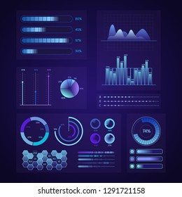 Technology Graphics Elements Set for Web and App Design on a Dark Blue Background. Vector illustration of Graphs or Diagrams Progress