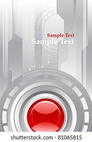 Technology gray background with an abstract circular mechanism, equipped with a bright red lens.