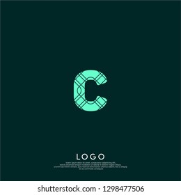 technology green C logo letter with abstract lines pattern design concept