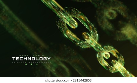Technology Green And Gold Glow Dot Particle Chain Link Abstract Background Shows Technology Smart Contract Concept Providing Modern Digital Finance Business Security. Vector Illustration.