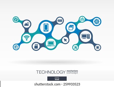 Technology. Growth abstract background with integrated metaball, connected icons for digital, internet, network, connect, communicate, social media and global concepts. Vector interactive illustration