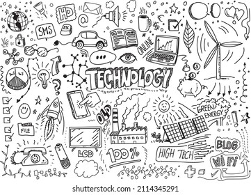 Technologie, handgezeichnet, auf weißem Papier