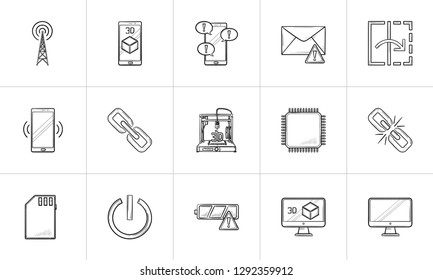 Technology hand drawn outline doodle icon set. Outline doodle icon set for print, web, mobile and infographics. Mobile phone message and 3d vector sketch illustration set isolated on white background.
