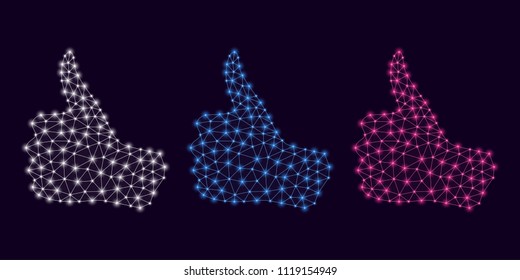 Technology Hand with line Connections, Plexuses and Knots. Vector illustration of Digital Hand Projection with Thumb up. Silhouette with Thin lines and Glowing knots