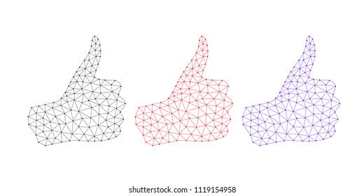 Technology Hand with line Connections, Plexuses and Knots. Vector illustration of Digital Hand Projection with Thumb up. Silhouette with Thin lines, outlines and knots