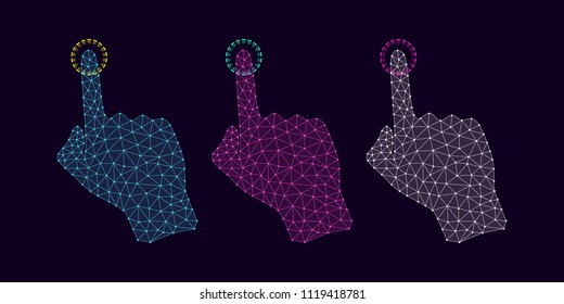 Technology Hand with line Connections, Plexuses and Knots. Vector illustration of Digital Hand Projection, which Touch by forefinger of Interface. Silhouette with Thin lines, outlines and knots